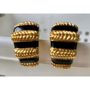 St John earrings black enamel and gold clip ons